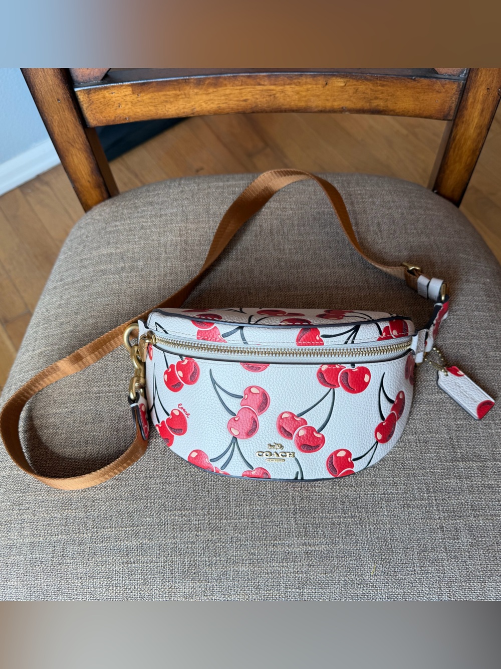 Coach Bethenny Cherry Print Crossbody Belt Bag with Tan Strap